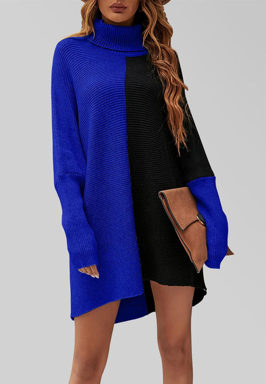 High Neck Half Forest Blue & Black Block Colour Jumper Top