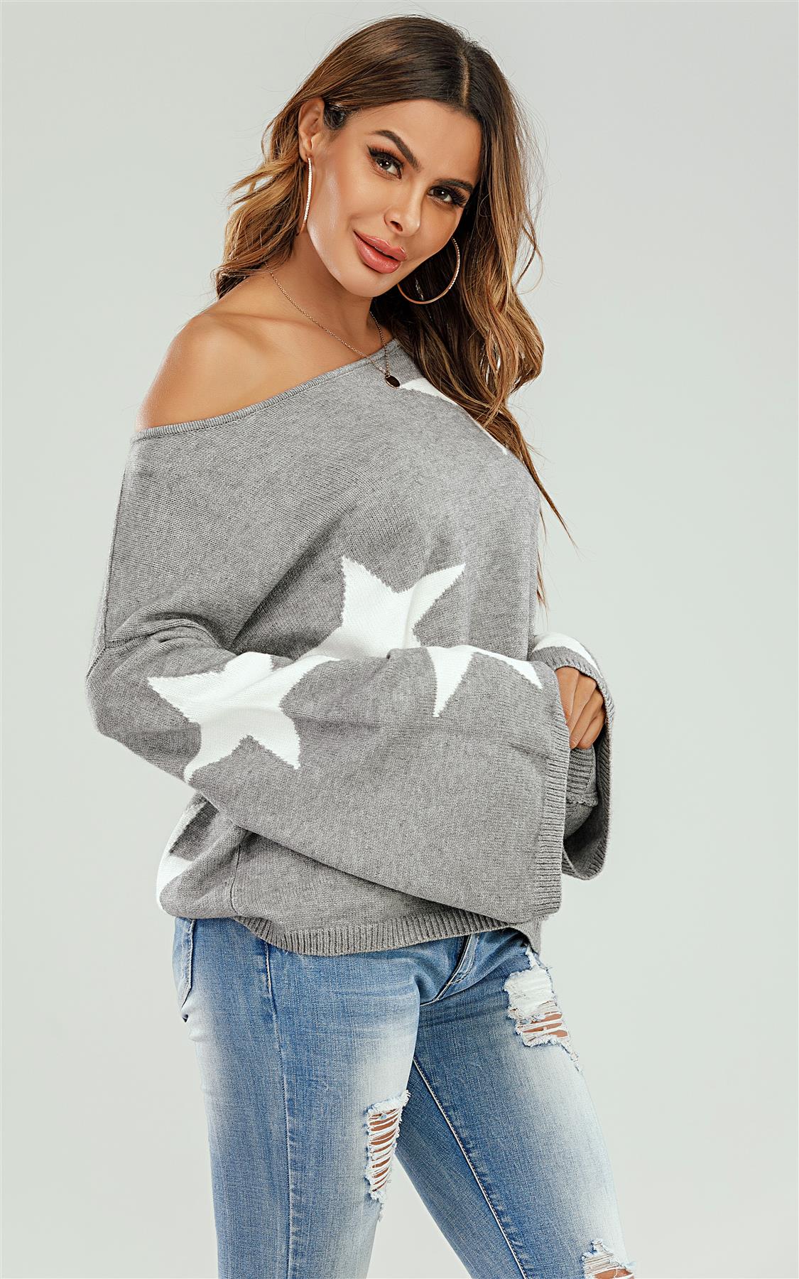 Wide Sleeve Oversized Grey Jumper With White Star
