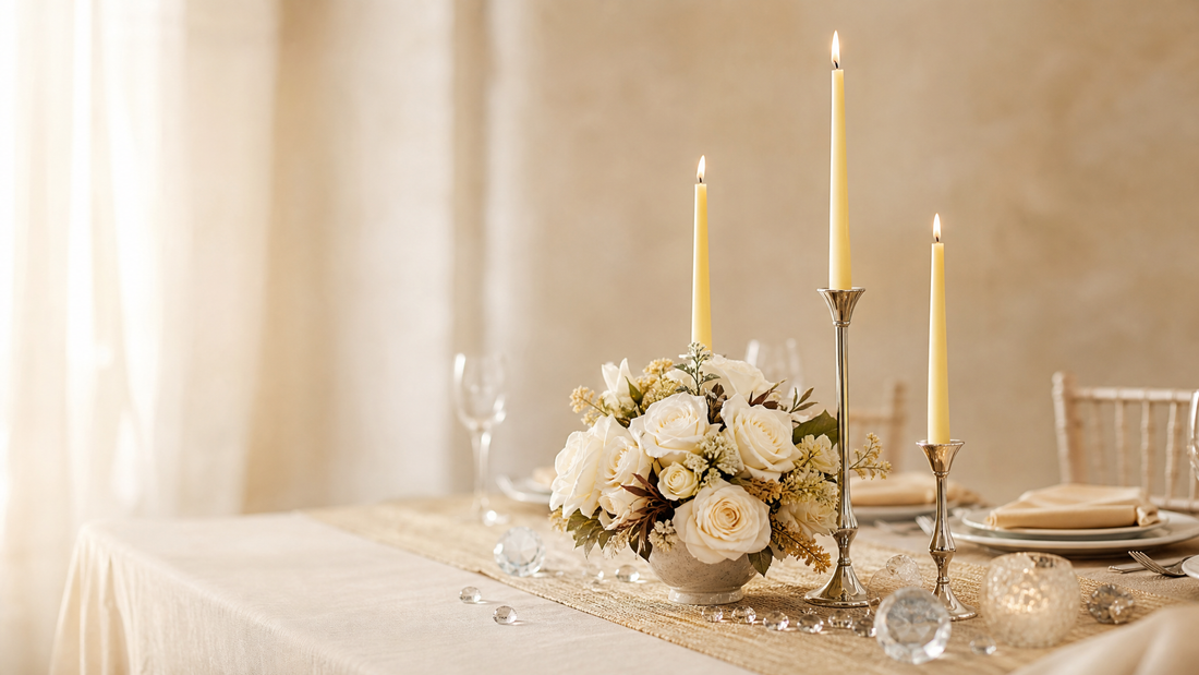 Tischdeko zur Hochzeit: gedeckte Tafel mit bordeauxrotem Tischläufer, pinken und roten Blumen und Kerzen