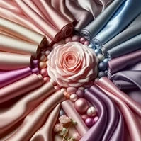 Colorful silk fabrics arranged in a circular pattern with a pink rose and decorative pearls.
