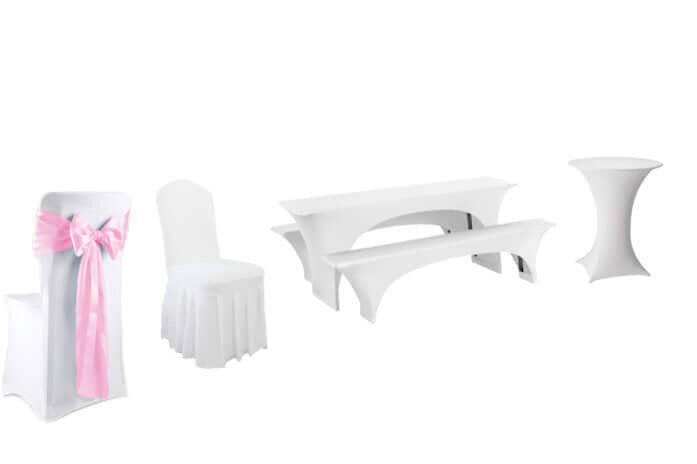 Hussen & Skirtings collection featuring elegant white chair covers and stylish table decorations for events.