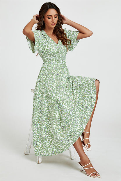 Multi Floral Print V Neck Midi Dress In Green
