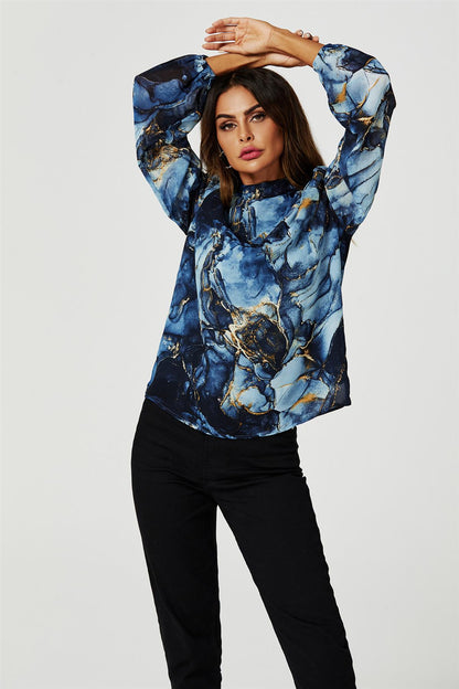 Marble Print Long Sleeve High Neck Top In Navy