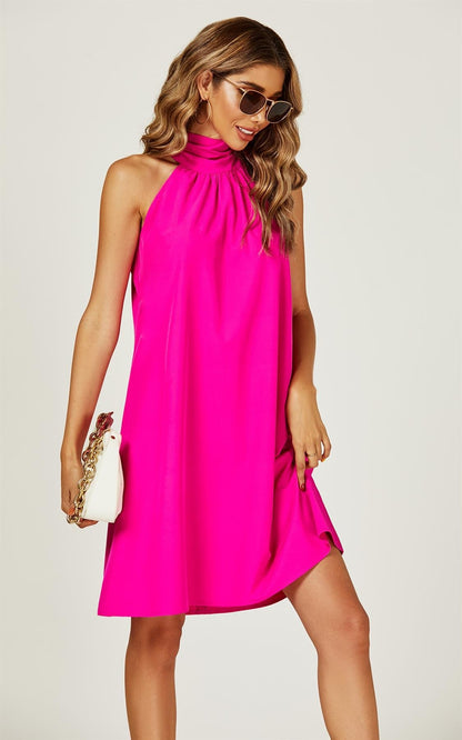 Halter Neck Tie Back Mini Dress In Magenta
