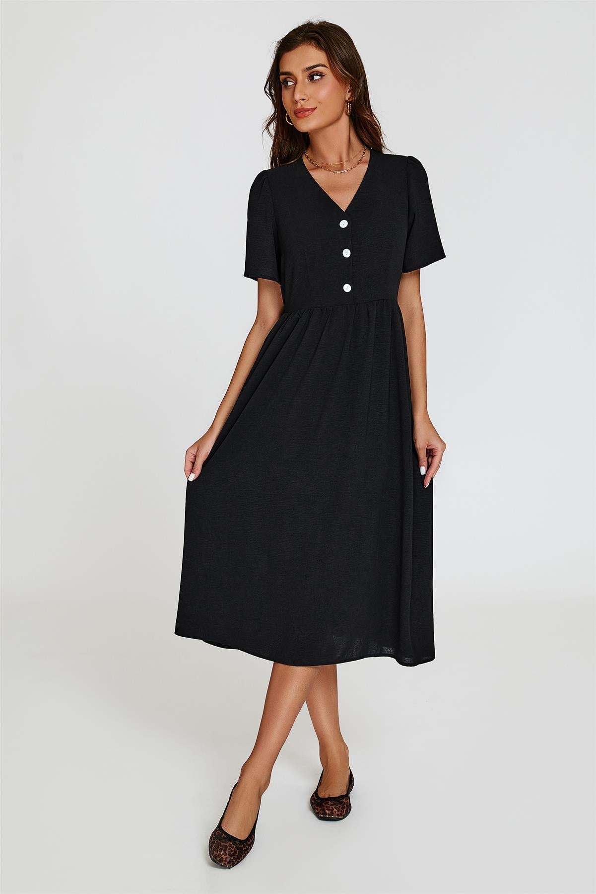 Button Front Midi Dress In Black