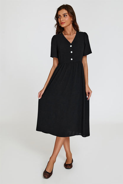 Button Front Midi Dress In Black