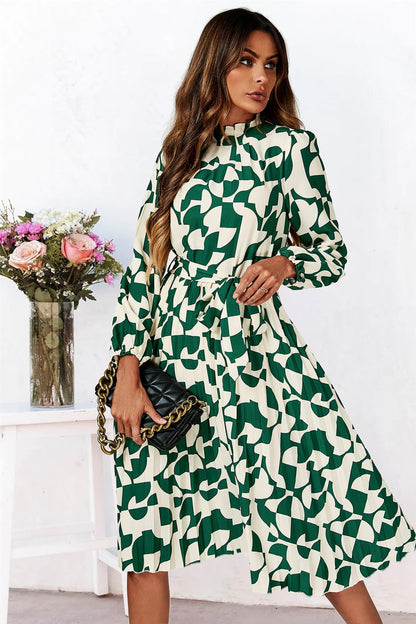 High Neck Long Sleeve Midi Dress In Green