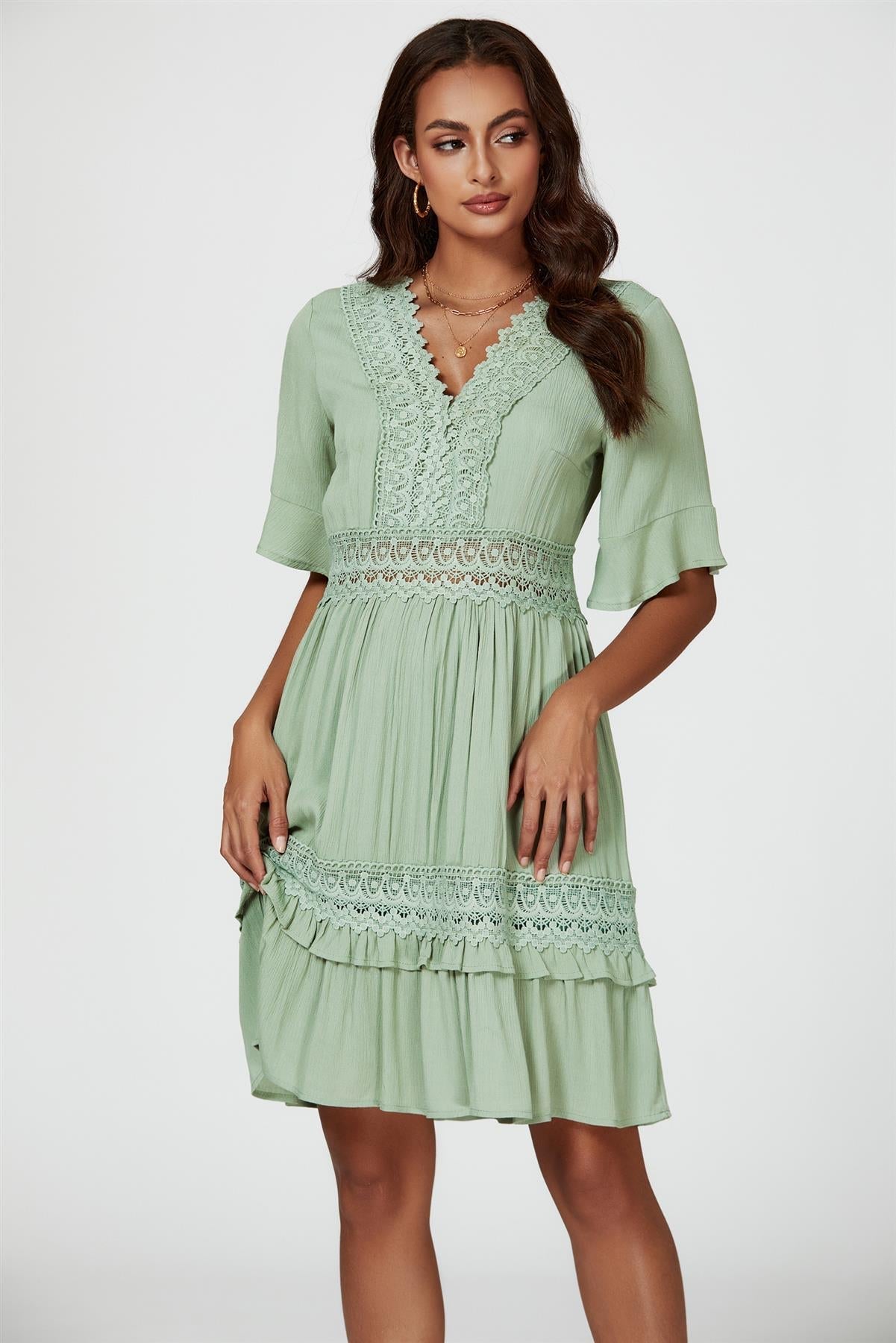 V Neck Lace Mini Dress In Green