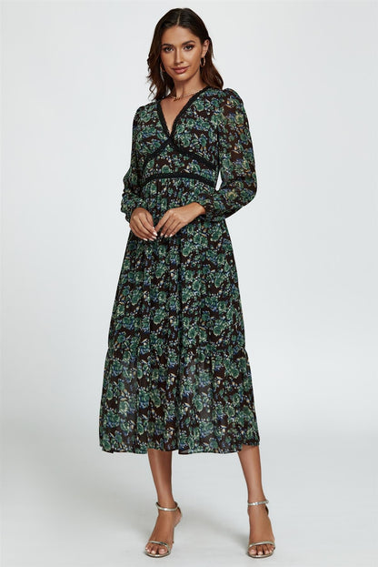Floral Print Long Sleeve Midi Dress In Brown