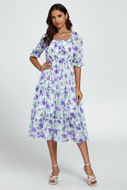 Floral Print Bardot Puff Sleeve Elasticated Detail Midi Dress In White