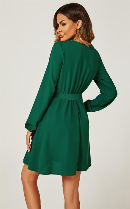 Lace Trim V Neck Mini Dress In Green