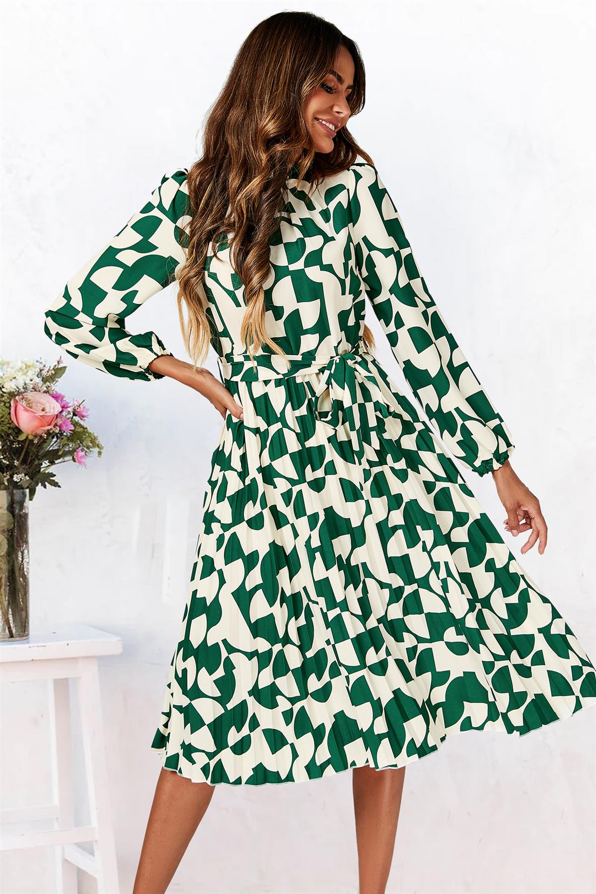High Neck Long Sleeve Midi Dress In Green