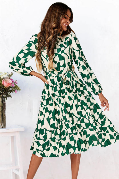 High Neck Long Sleeve Midi Dress In Green