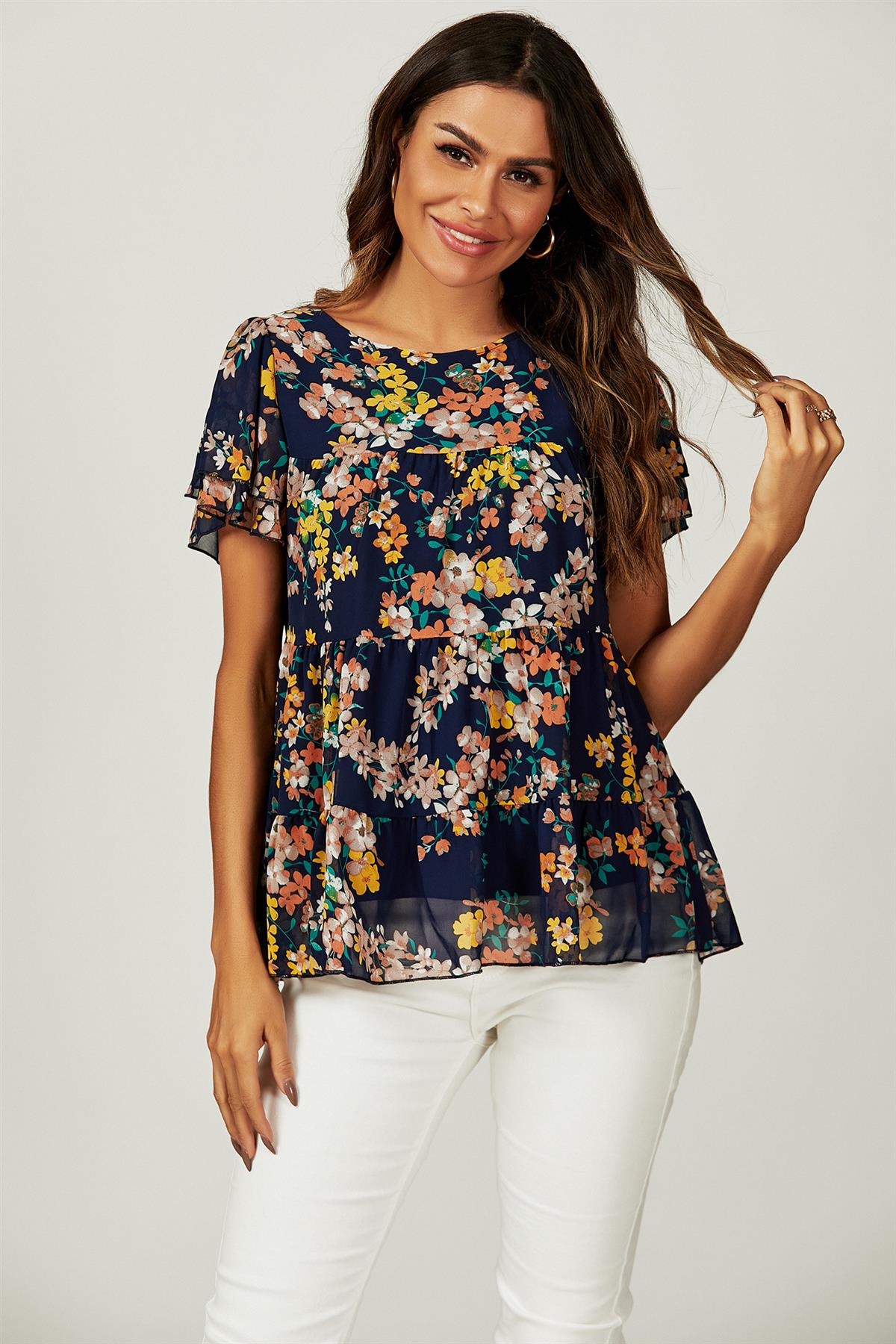 Bluse mit Blumensaum, Smok & Engelärmeln in Navy
