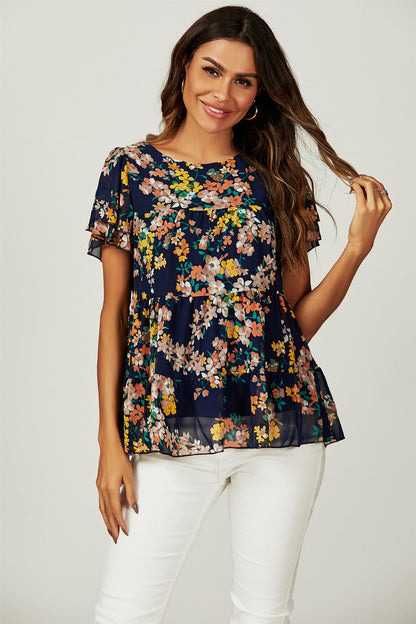 Bluse mit Blumensaum, Smok & Engelärmeln in Navy