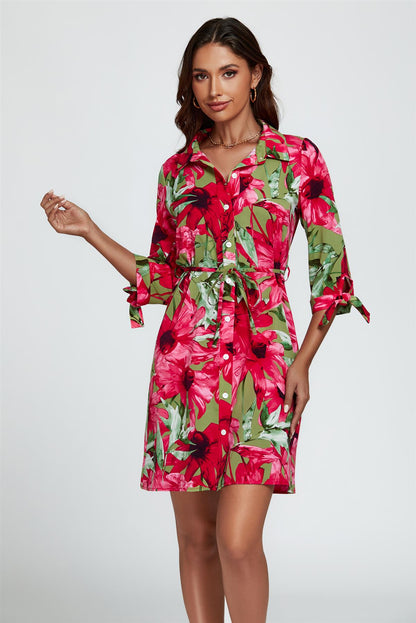Floral Print Shirt Mini Dress In Red
