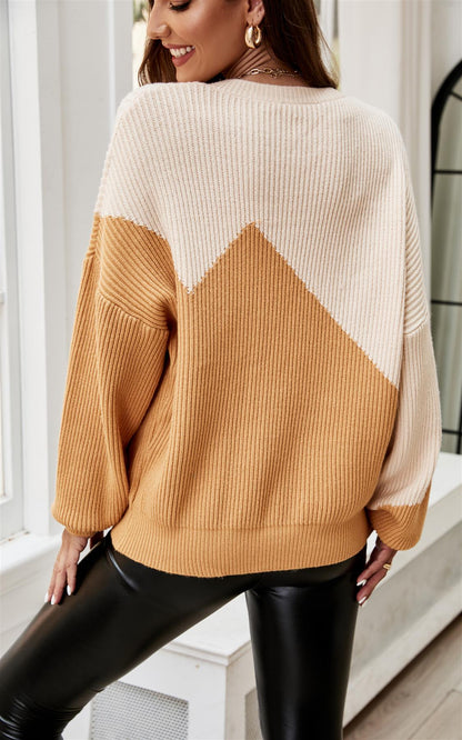 Block Colour Relaxed Knit Jumper Top In Beige & Camel