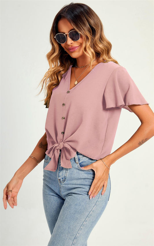 Cute Tie Knot Front Buttoned Crop T Shirt Top In Pink