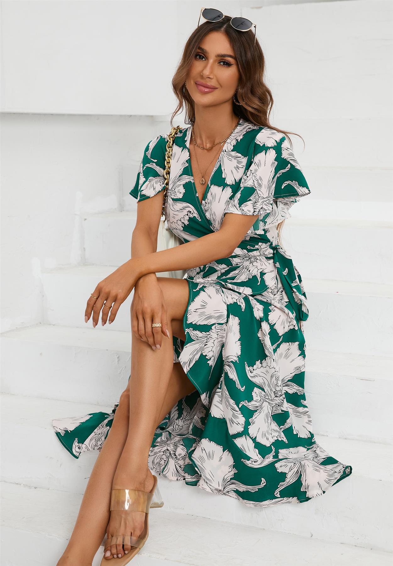 Angel Sleeve Wrap Midi Dress In Green