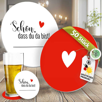 50 Bierdeckel Schön, dass du da bist Herzmotiv, Hochzeit Rot