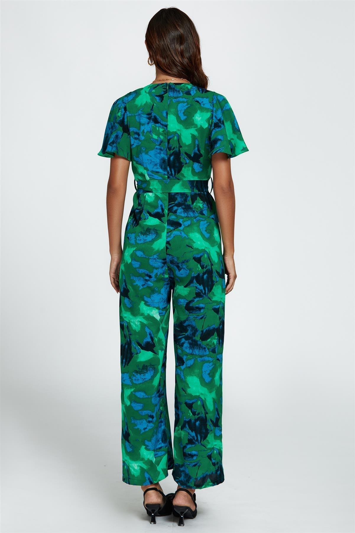 Abstract Print Wrap Top Jumpsuit In Green