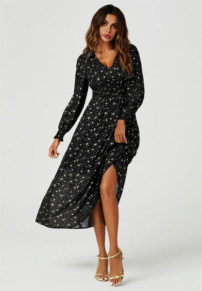 Gold Star Foil Long Sleeve Maxi Dress In Black