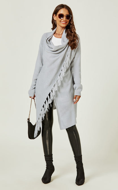 Fringes Detail Cardigan In Silver Grey