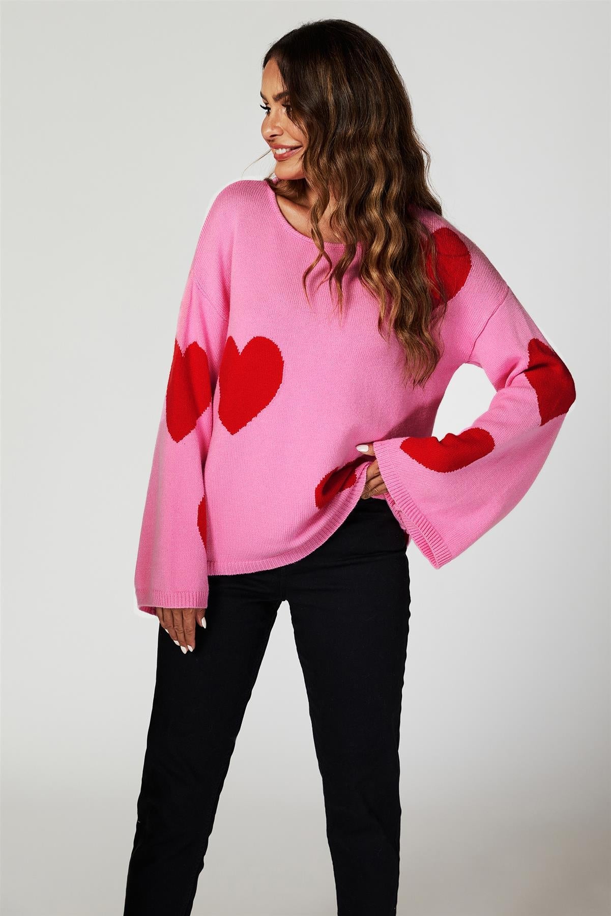 Wide Sleeve Oversize Red Jumper With Pink Heart