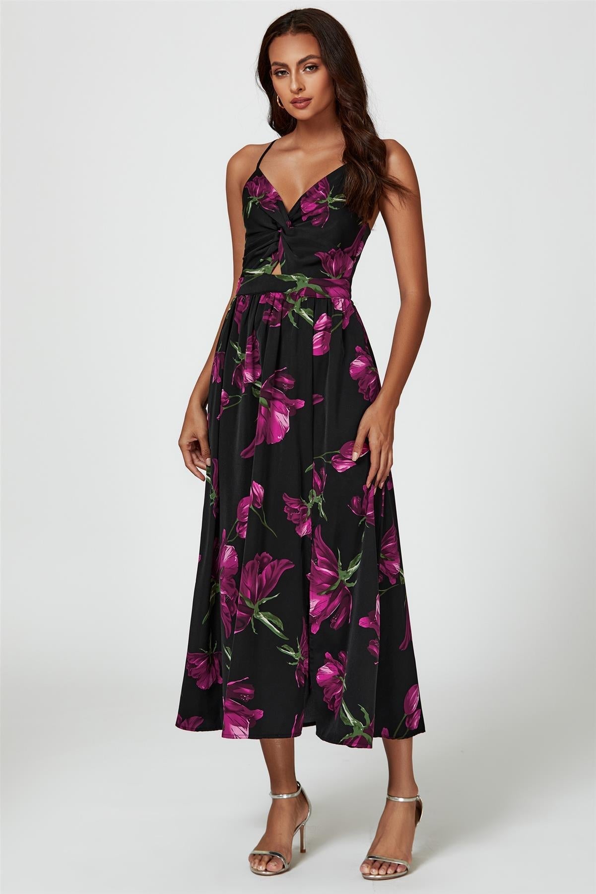 Floral Print Maxi Dress In Black