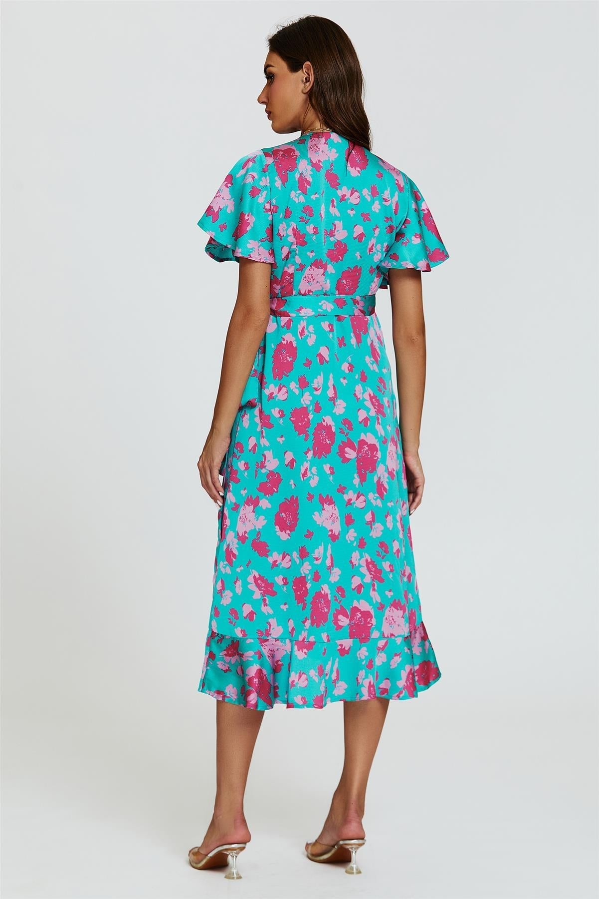 Turquoise & Hot Pink Print Angel Sleeve Wrap Midi Dress