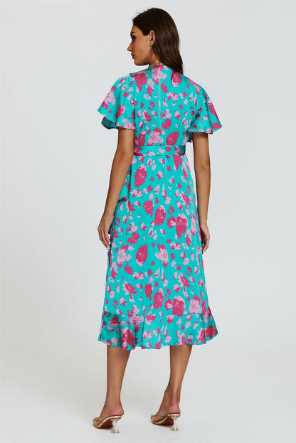 Turquoise & Hot Pink Print Angel Sleeve Wrap Midi Dress
