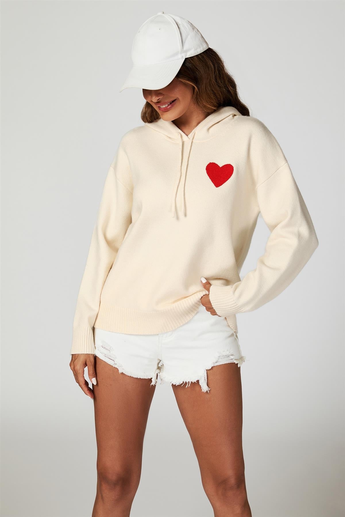 Heart Embroidery Knitted Hoodie In Cream