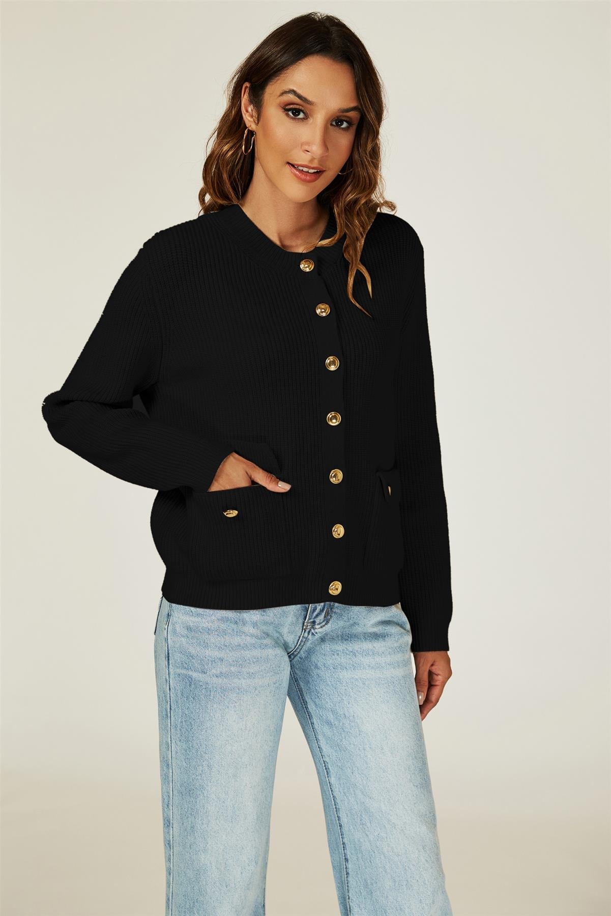 Pocket Details Knitted Cardigan In Black