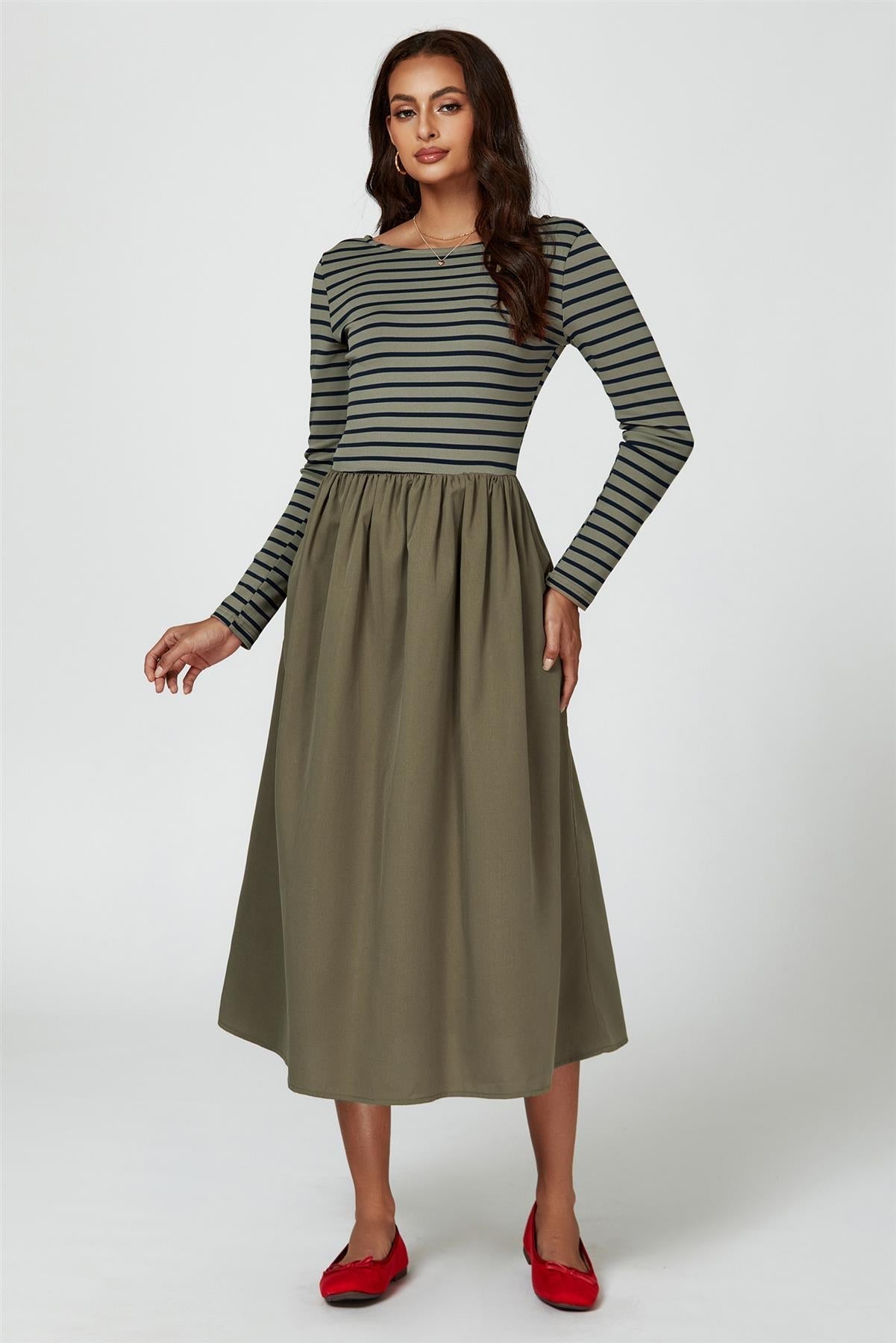 Long Sleeve Stripe Midi Dress In Olive