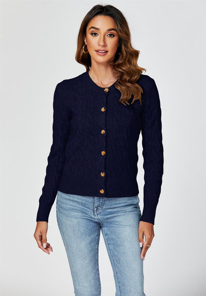 Cable-Knit Crewneck Cardigan In Navy