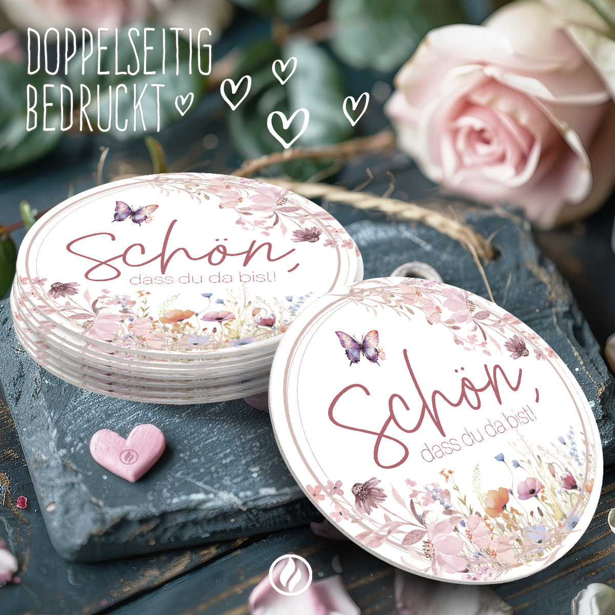 50 Runde Bierdeckel Schön dass du da bist floral Hochzeit Tischdeko Untersetzer