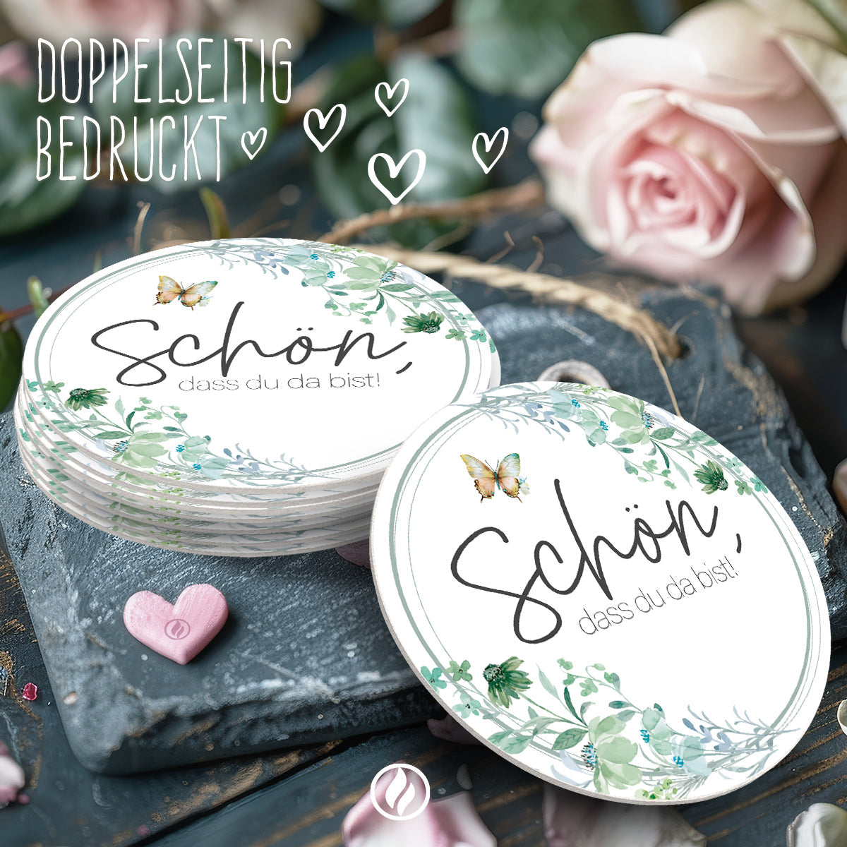 50 Bierdeckel rund Hochzeit Schön dass du da bist floral Boho Untersetzer Tischdeko
