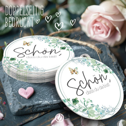 50 Bierdeckel rund Hochzeit Schön dass du da bist floral Boho Untersetzer Tischdeko