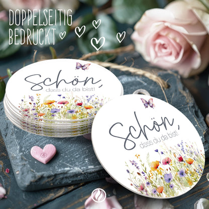 50 Bierdeckel rund Hochzeit - Schön, dass du da bist - florales Boho Design Tischdeko
