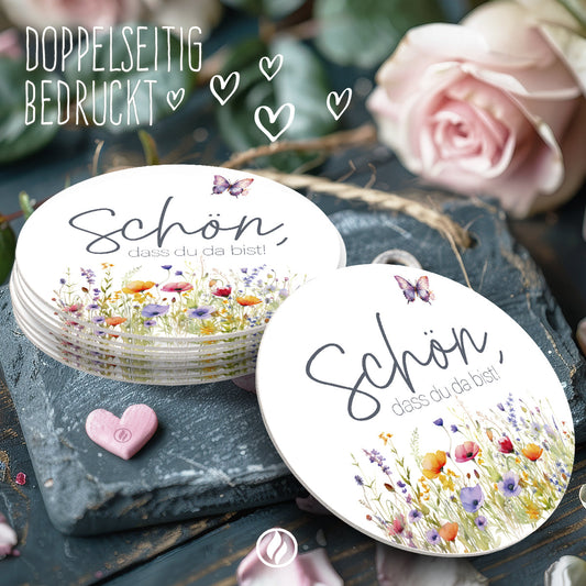50 Bierdeckel rund Hochzeit - Schön, dass du da bist - florales Boho Design Tischdeko