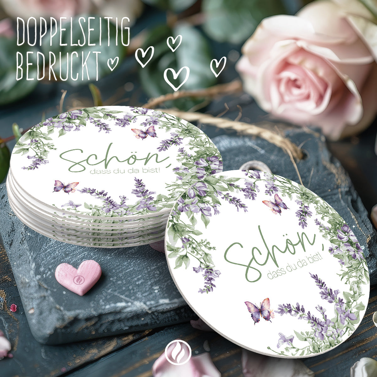 50 Runde Bierdeckel Schön dass du da bist floral Lavendel Hochzeit Tischdeko