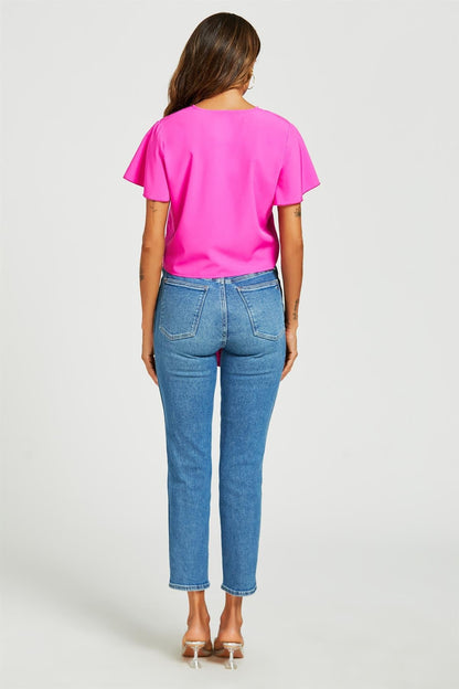 Cute Tie Knot Front Buttoned Crop T Shirt Top In Fuchsia Pink