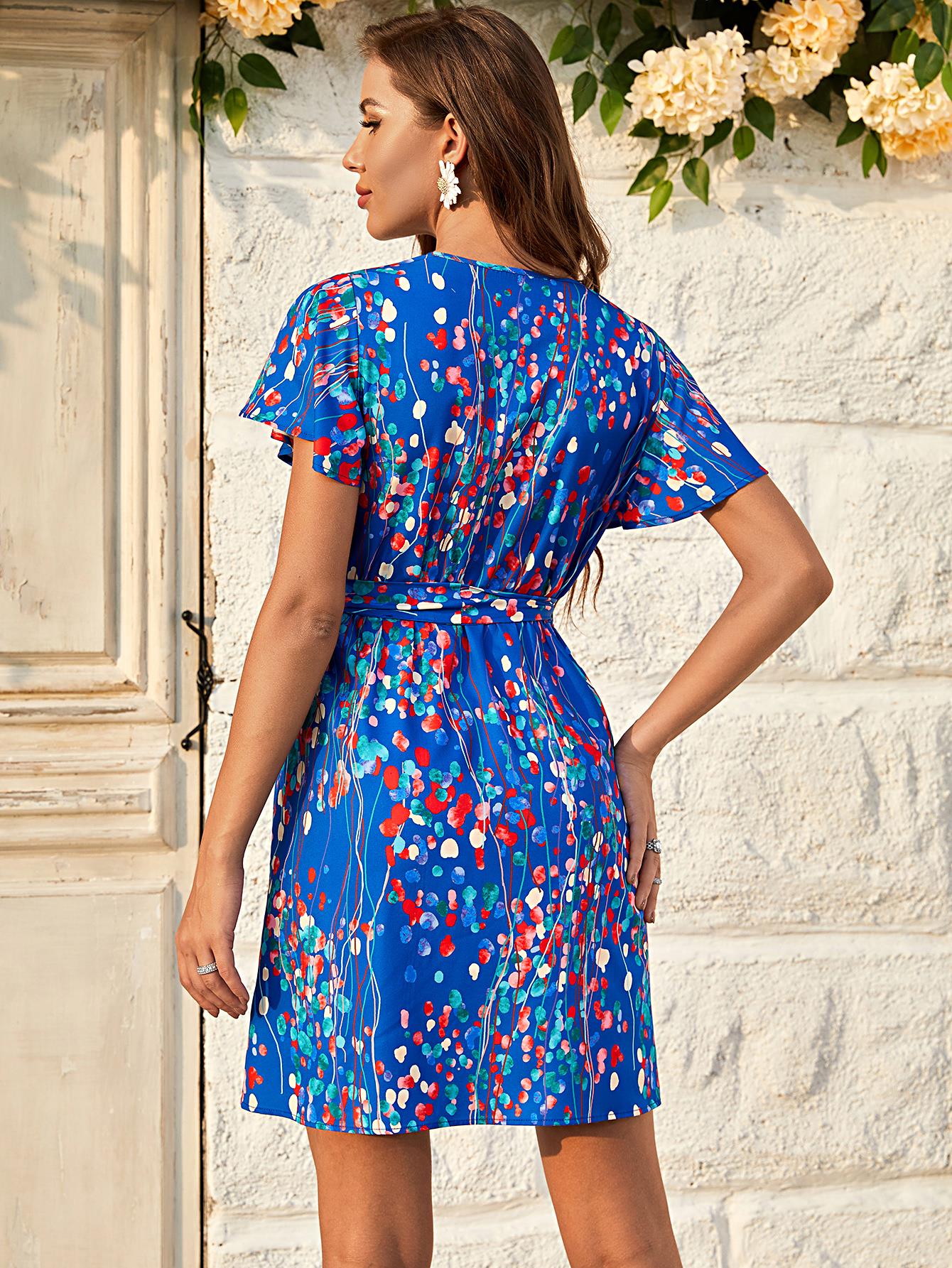 Abstract Floral Print Angel Sleeve Wrap Top Mini Dress In Blue