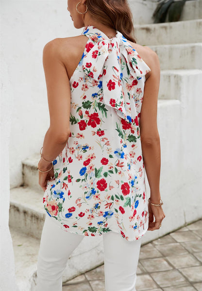 Multicolour Floral Print  Halter Neck Tie Back Top In White