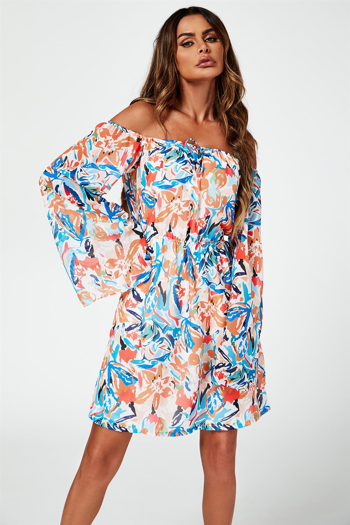 Flute Sleeve Bardot Dress With Tie Detail In Orange