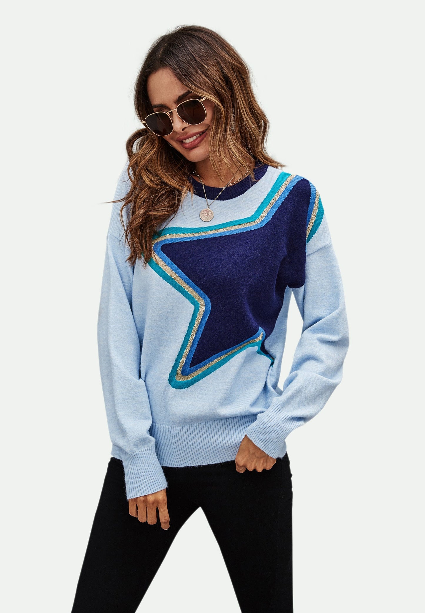 Big Star Pattern Knitted Long Sleeve Jumper In Blue