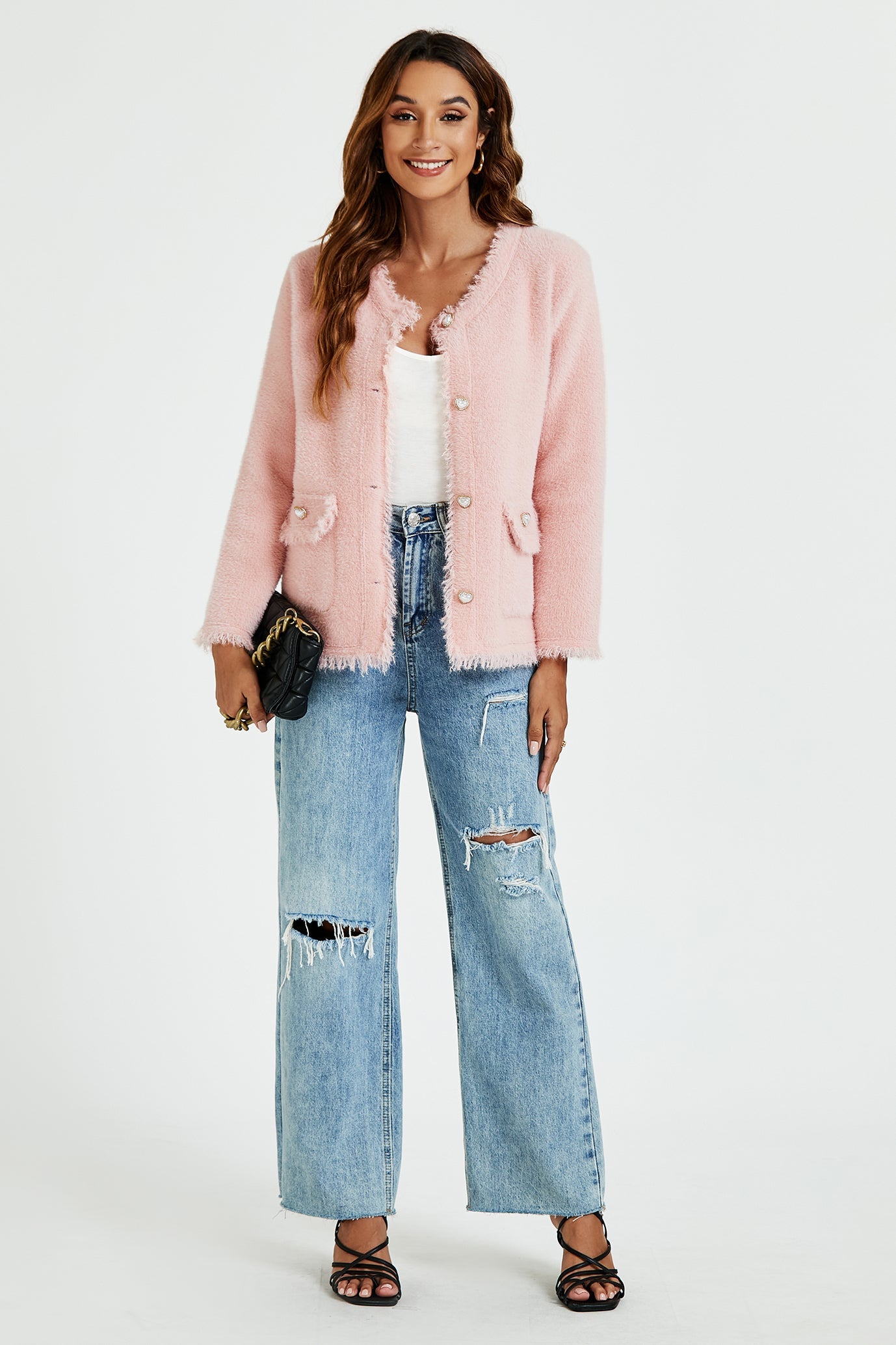 Cotton Blend Frayed Edge Boucle Jacket in Pink
