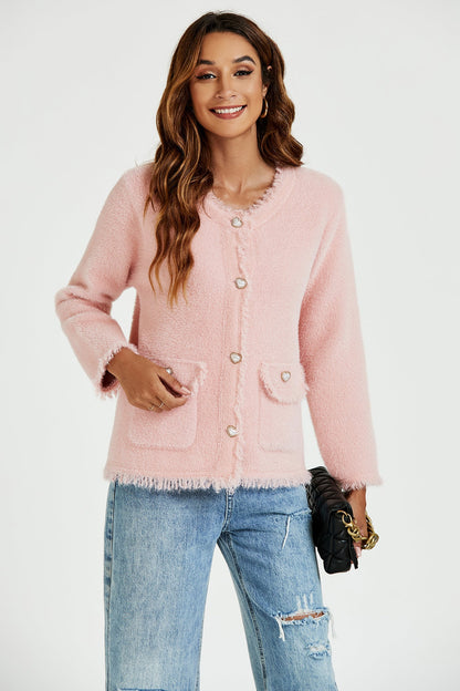 Cotton Blend Frayed Edge Boucle Jacket in Pink