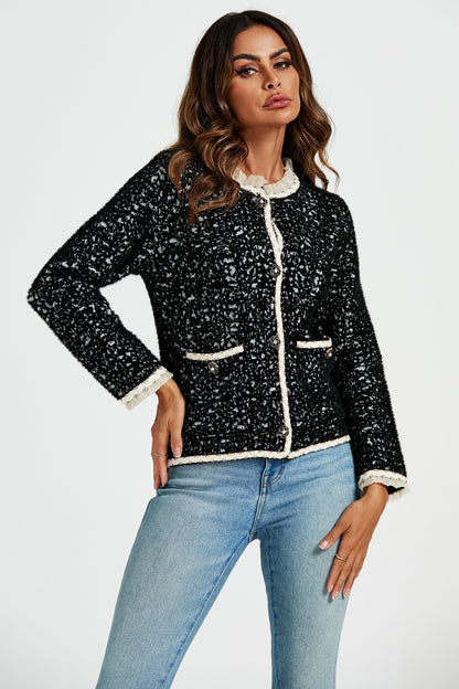 Leopard Pattern Lace Trim Boucle Jacket in Black