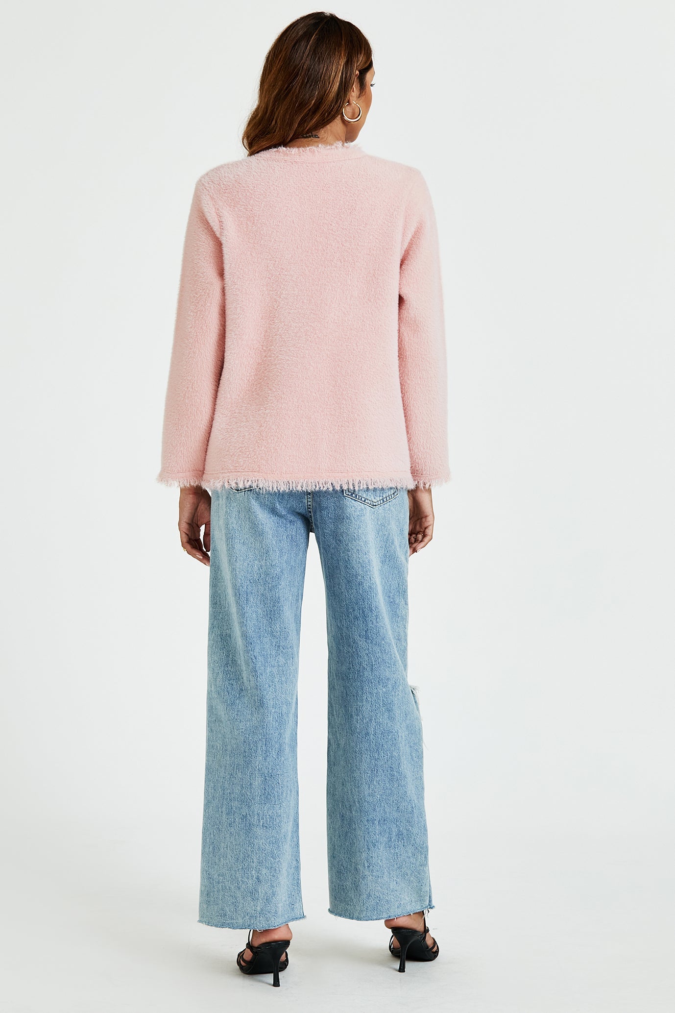 Cotton Blend Frayed Edge Boucle Jacket in Pink
